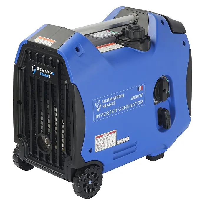 Ultimatron ULT-3800, 3,8 kW Benzin Stromerzeuger -  - Blau-schwarzer ULTIMATRON FRANCE 3800W Inverter-Generator mit Rädern und Griff.