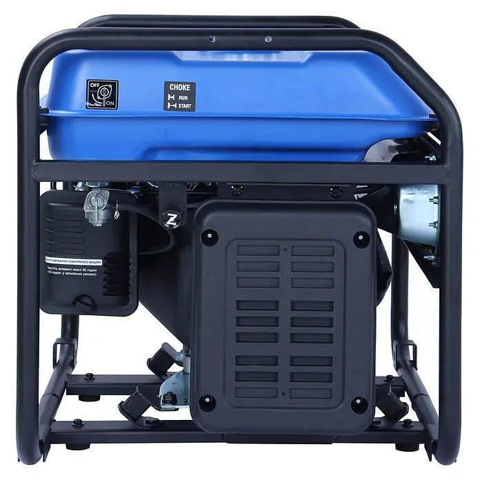Ultimatron ULT-3200i, 3,2 kW Benzin Stromerzeuger -  - Seitenansicht eines blau-schwarzen tragbaren Generators mit schwarzem Metallrahmen, Kraftstofftank und Motorkomponenten.