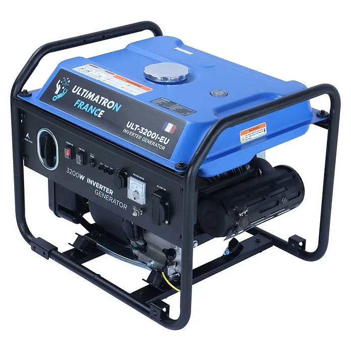 Ultimatron ULT-3200i, 3,2 kW Benzin Stromerzeuger -  - Ein blauer und schwarzer 3200W Inverter-Generator, in einem robusten schwarzen Rahmen, für die mobile Stromversorgung.
