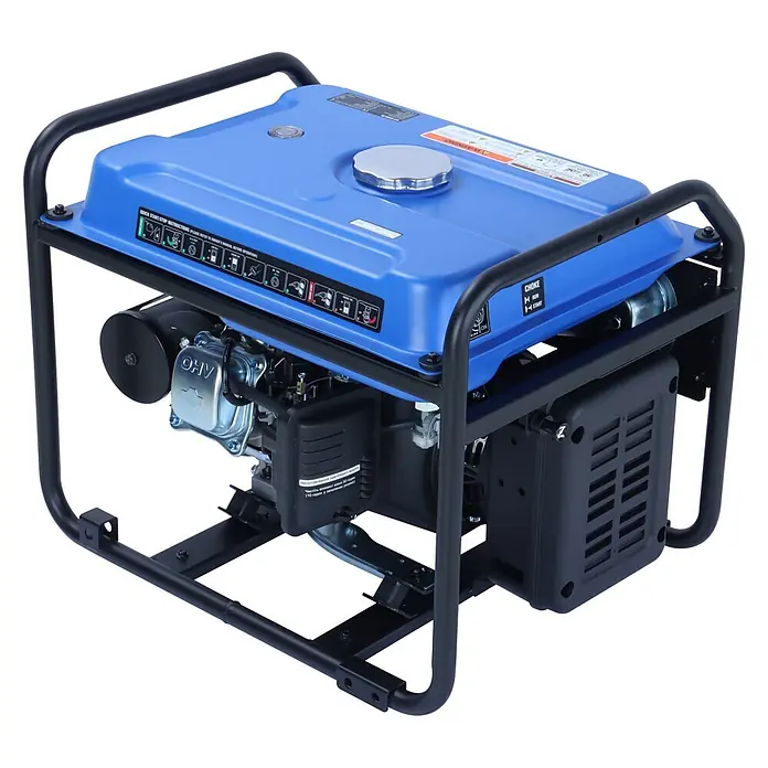 Ultimatron ULT-3200i, 3,2 kW Benzin Stromerzeuger -  - Blauer tragbarer Generator mit schwarzem Metallrahmen, silbernem Tankdeckel und sichtbaren Motorkomponenten.