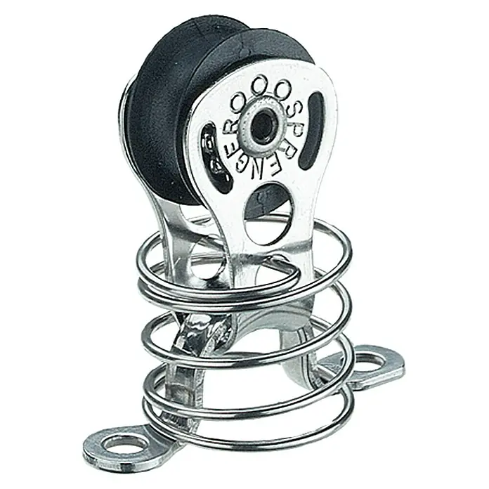 Sprenger Micro-XS-Block - 6 mm, Mit Fenderöse und Feder, Kugellager, 1 Rolle - Das Bild zeigt einen einzelnen, silberfarbenen Umlenkblock mit einer schwarzen Rolle, der auf einer spiralförmigen Basis steht.