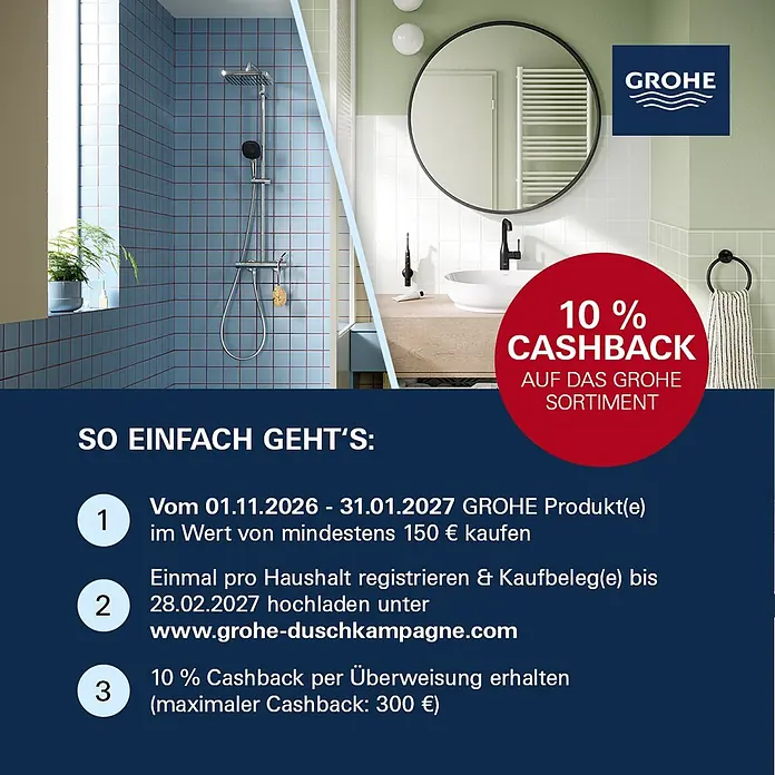 Grohe Get Waschtischarmatur - Silber - Grohe Dusch- und Badezimmerarmaturen in einer Badszene mit 10 % Cashback-Promotion.