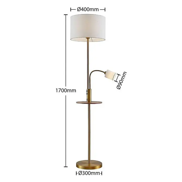 Lindby Stehlampe Leselampe in bronze, creme, Stehleuchte -  - Goldfarbene Stehleuchte mit weißem Stoffschirm, verstellbarer Leselampe und integrierter runder Ablage.