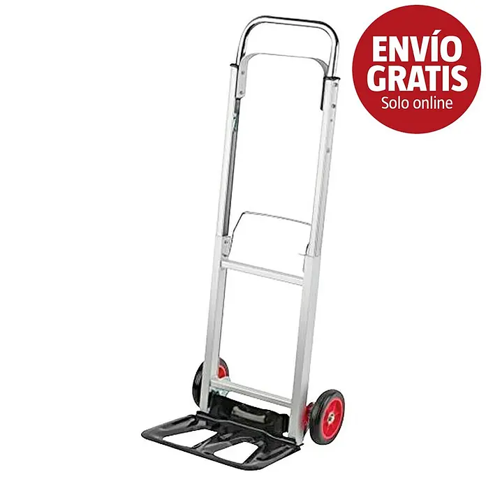 Carretilla de transporte con asa extensible - L x An x Al: 41 x 39 x 110 cm, Capacidad de carga: 90 kg, Aluminio - Carretilla de mano plegable plateada con ruedas rojas y plataforma negra.