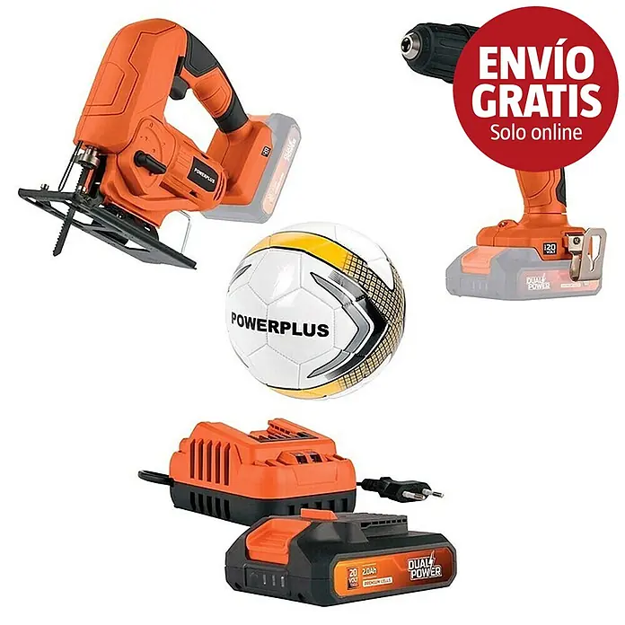 PowerPlus Juego de máquinas POWDPO3000 - 1 batería, 4 pzs. - Kit de herramientas inalámbricas Powerplus naranja: caladora, taladro, cargador, batería y balón.