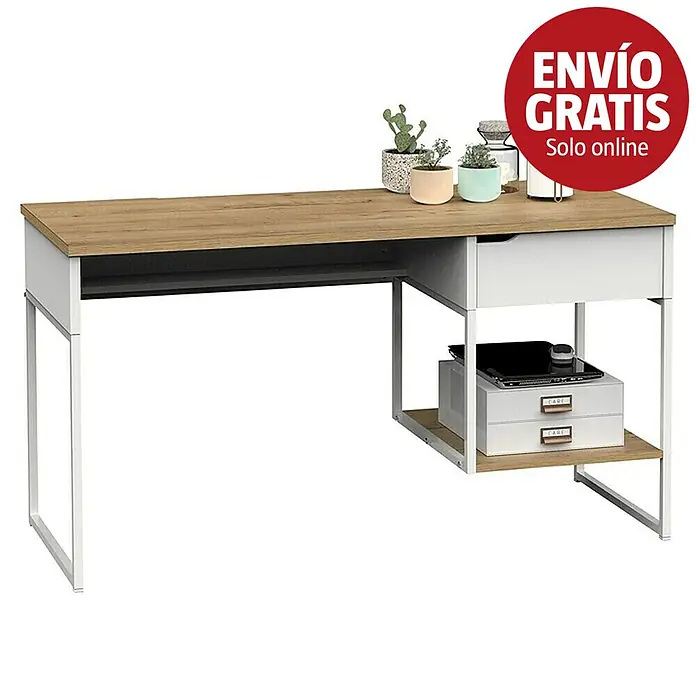 Muebles Pitarch Mesa de escritorio Shira - L x An x Al: 58 x 137,5 x 76 cm, Blanco/Roble - Escritorio con efecto madera y estructura de metal blanco, cajón, estantes y bandeja para teclado.