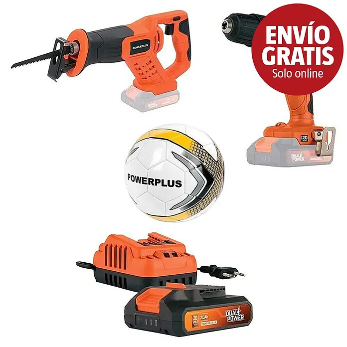 PowerPlus Juego de máquinas POWDPO3500 - 3 baterías, 3 pzs. - Sierra sable, taladro, cargador, batería Powerplus naranja-negra y un balón de fútbol blanco.