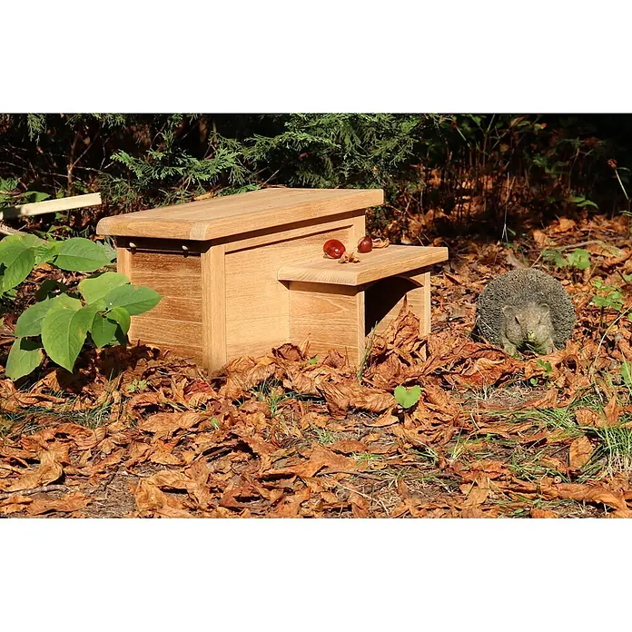 Teak Igelhaus Friesenlaub als Igelhotel 36 x 45 cm Massivholz montiert -  - Helles Holz-Igelhaus mit Kastanien auf der Stufe und einer Igelstatue, umgeben von Herbstblättern.