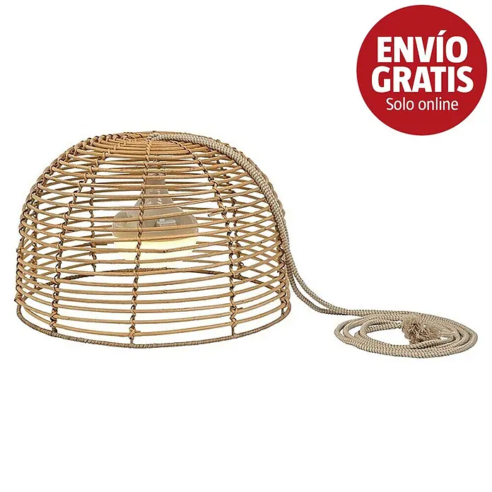 New Garden Bossa Lámpara colgante de batería 20 - L x An x Al: 3 m x 35 cm x 22 cm, Beige, Blanco cálido, 9 W, IP54 - Lámpara de mimbre con bombilla visible y cable de cuerda enrollado.