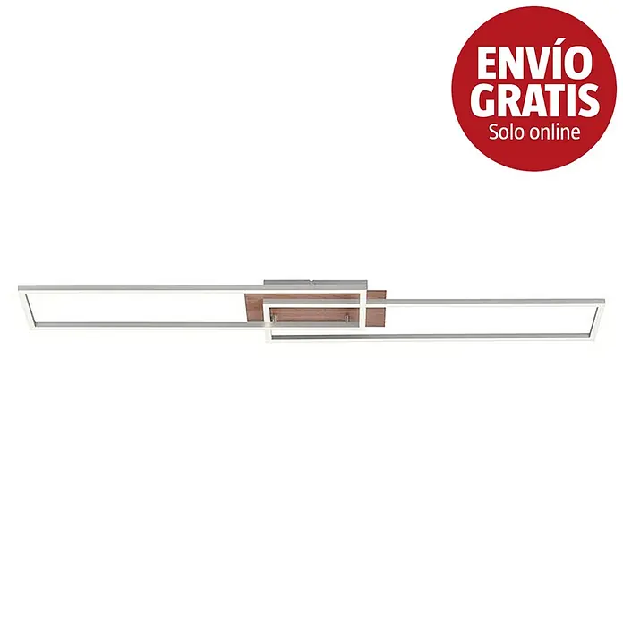 Just Light Plafón LED Iven - 20 W, L x An x Al: 110 x 25 x 7 cm, Marrón, Blanco cálido - Lámpara de techo moderna con dos elementos LED rectangulares de metal plateado y una base central de madera.