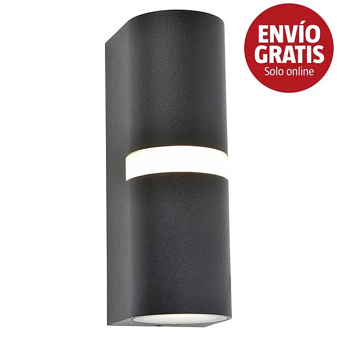 Lutec Aplique exterior Mika - 14 W, L x An x Al: 6,8 x 7,9 x 19 cm, IP54 - Aplique de pared exterior cilíndrico negro con luz dirigida hacia arriba, abajo y desde una banda central.