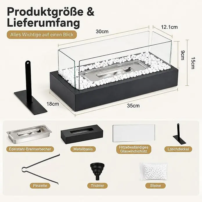 Nettlife Bioethanol-Tischkamin W-Serie, Borosilikatglas, 35 x 18 x 15 cm -  - Schwarzer Bio-Ethanol-Tischkamin mit Glaswindschutz und weißen Steinen, gezeigt mit verschiedenen Edelstahl- und schwarzen Zubehörteilen.