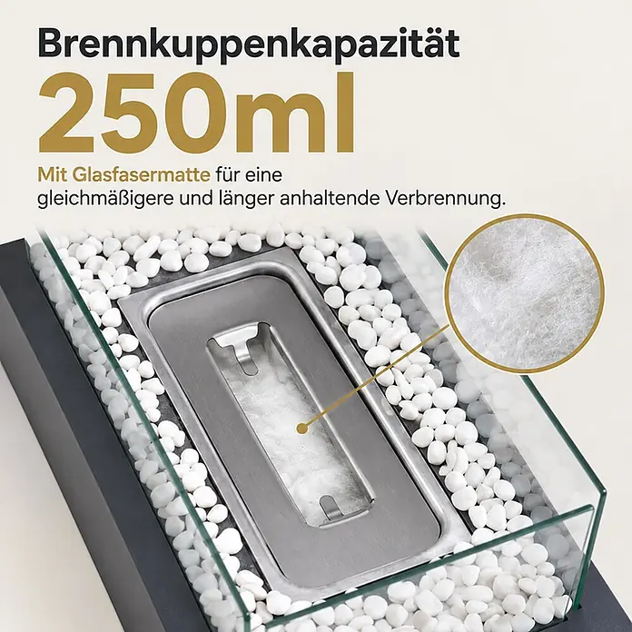 Nettlife Bioethanol-Tischkamin W-Serie, Borosilikatglas, 35 x 18 x 15 cm -  - Edelstahl-Ethanolbrenner mit 250ml Kapazität und Glasfasermatte für gleichmäßige, langanhaltende Flamme.