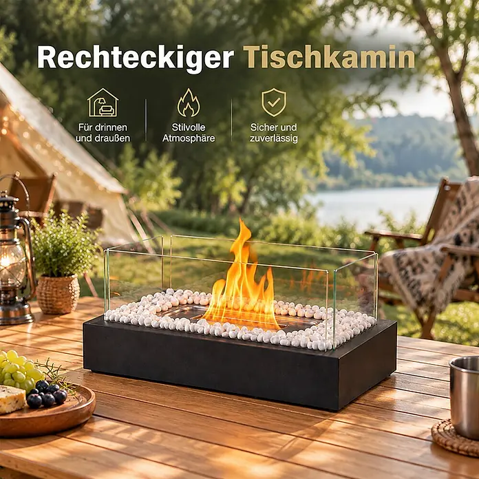 Nettlife Bioethanol-Tischkamin W-Serie, Borosilikatglas, 35 x 18 x 15 cm -  - Rechteckiger schwarzer Tischkamin mit Glaswänden und weißen Steinen auf einem Holztisch im Freien, mit Flamme.
