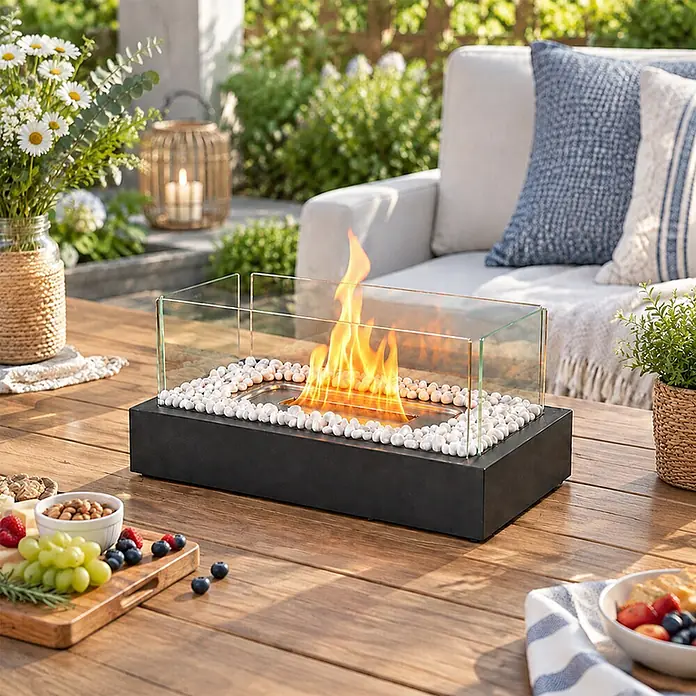 Nettlife Bioethanol-Tischkamin W-Serie, Borosilikatglas, 35 x 18 x 15 cm -  - Schwarze Tischfeuerstelle mit Glasplatten und weißen Steinen, brennend auf einem hölzernen Gartentisch.