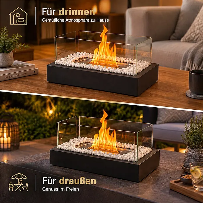 Nettlife Bioethanol-Tischkamin W-Serie, Borosilikatglas, 35 x 18 x 15 cm -  - Schwarzer Tisch-Bioethanolkamin mit Glaswänden und weißen Steinen, beleuchtet in gemütlicher Innen- und Außenumgebung.