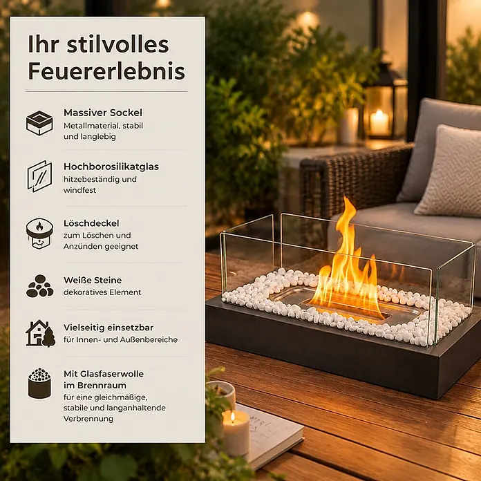 Nettlife Bioethanol-Tischkamin W-Serie, Borosilikatglas, 35 x 18 x 15 cm -  - Tabletop-Bioethanol-Kamin mit schwarzem Sockel, Glaspaneelen, weißen Dekosteinen und flackernder Flamme auf einem Gartentisch.