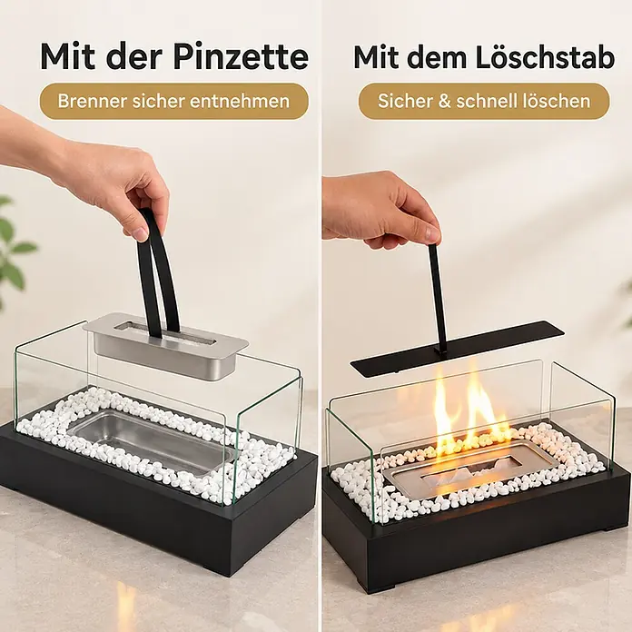 Nettlife Bioethanol-Tischkamin W-Serie, Borosilikatglas, 35 x 18 x 15 cm -  - Tisch-Bioethanol-Kamin (schwarz, Glas, Kiesel). Zeigt Brennerentnahme mit Zange und Flammenlöschen mit Stab.