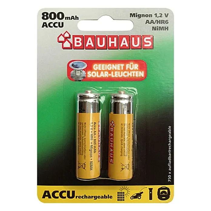 BAUHAUS Akku-Batterien - 800 mAh, Mignon AA, 1,2 V, 2 Stk. - Packung mit zwei wiederaufladbaren 800mAh AA-Batterien der Marke Bauhaus, geeignet für Solarleuchten.
