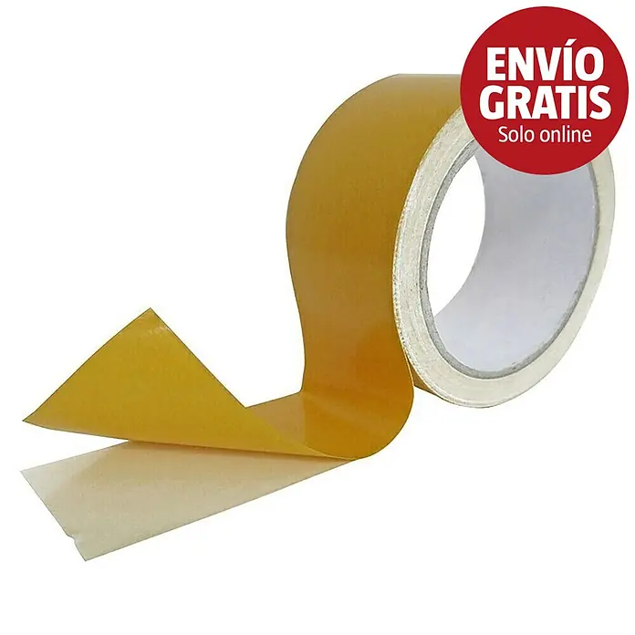 Nortene Cinta adhesiva de dos caras Duplo Tapefix - Largo: 10 m - Rollo de cinta adhesiva de doble cara amarillo/marrón con una sección despegada, mostrando ambas caras adhesivas y el protector.