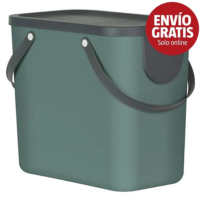 Rotho Albula Sistema de separación de residuos Albula - 25 l, Plástico, Verde muérdago - Cubo de compost rectangular verde oscuro de plástico con tapa y asas gris oscuro.
