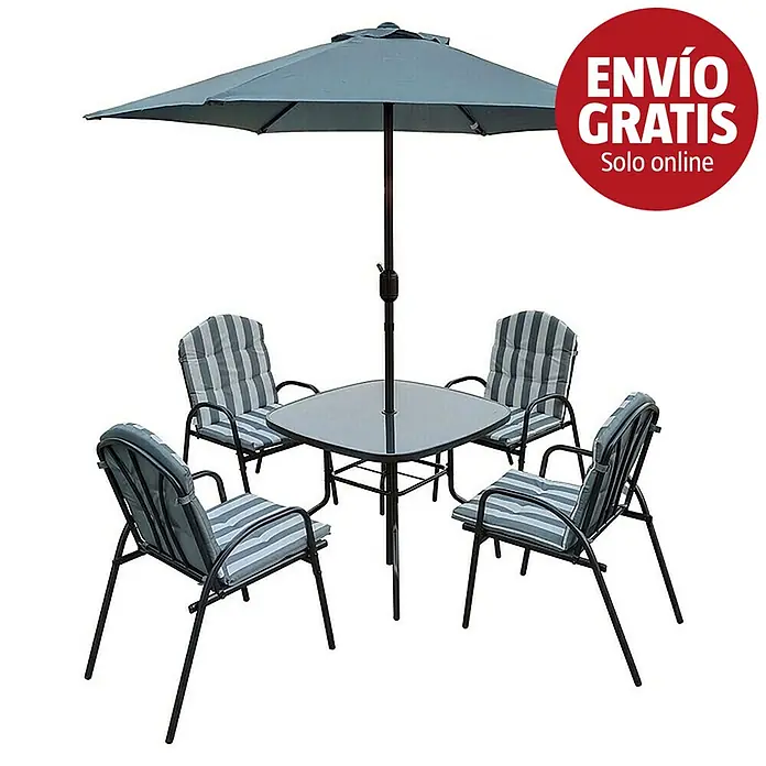 Set de muebles de jardín Dakota - 6 pzs., Antracita - Conjunto de comedor de patio con sombrilla gris, mesa de vidrio cuadrada y cuatro sillas con cojines de rayas grises.