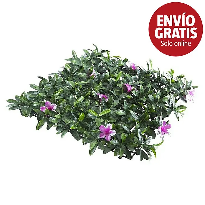 Jardín vertical Malva - Plástico, L x An: 50 x 50 cm - Panel de follaje verde artificial con pequeñas flores moradas, simulando un seto.