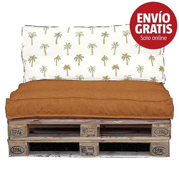 Set cojines para palet Palmeras - 120 x 80 x 16 cm, Naranja, 50% algodón 50% poliéster, 2 ud. - Cojín de respaldo blanco con palmeras y cojín de asiento óxido sobre palets de madera.