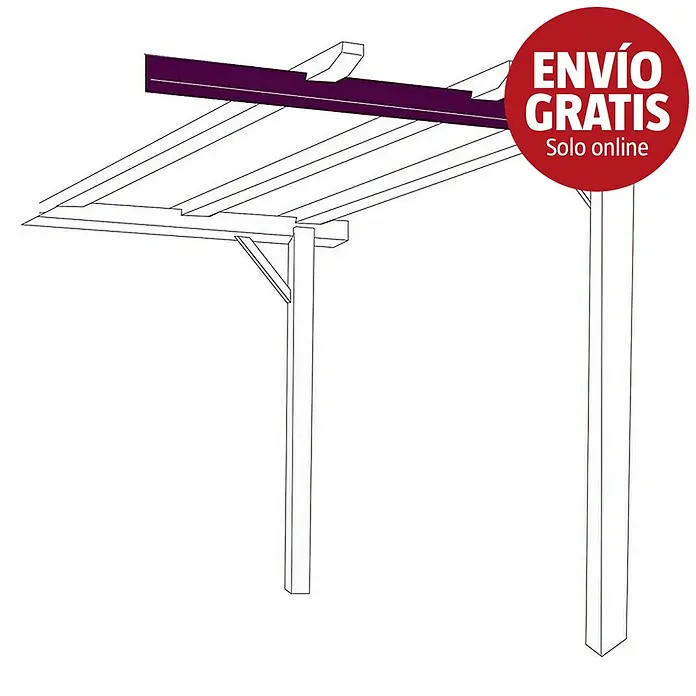 Nortene Listón de madera para pérgola - L x An x Al: 200 x 9 x 4,5 cm, Pino - Dibujo lineal de una estructura de pérgola de madera con una viga destacada en morado.