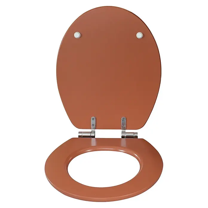 Poseidon WC-Sitz - MDF, Red Ash, Mit Absenkautomatik - Offener rotbrauner Toilettensitz und Deckel mit silbernen Scharnieren.
