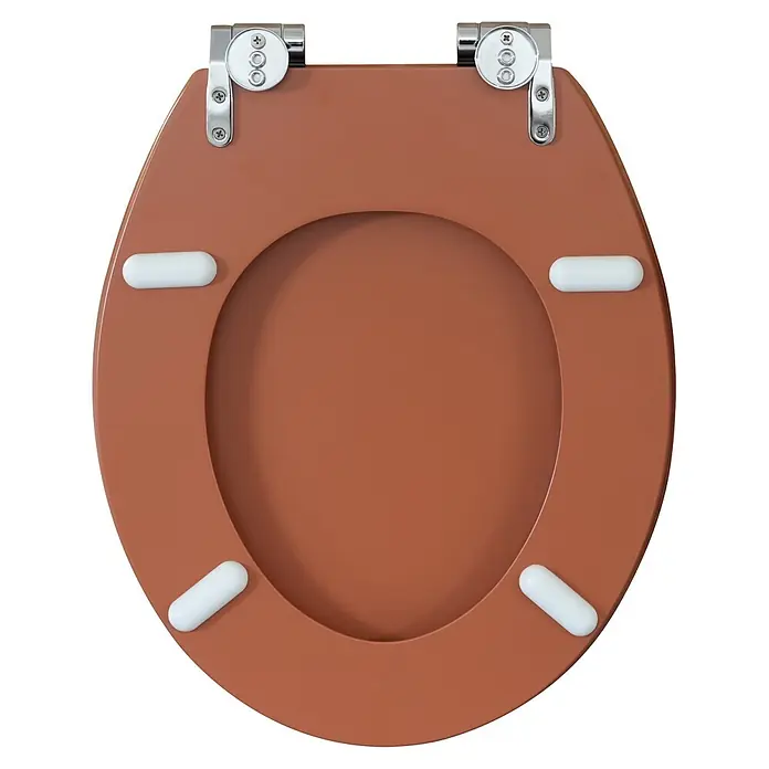 Poseidon WC-Sitz - MDF, Red Ash, Mit Absenkautomatik - Brauner WC-Sitz mit Chromscharnieren und weißen Puffern.