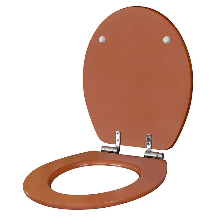 Poseidon WC-Sitz - MDF, Red Ash, Mit Absenkautomatik - Offener, rotbrauner Toilettensitz und -deckel mit silbernen Scharnieren.