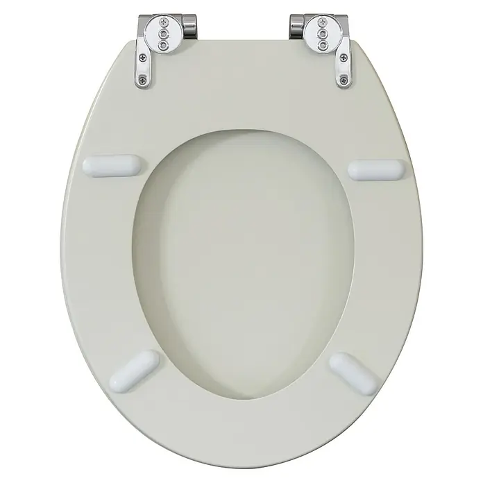 Poseidon WC-Sitz - MDF, Pure Grey, Mit Absenkautomatik - Hellbeiger Toilettensitz mit Chromscharnieren und weißen Anti-Rutsch-Puffern.