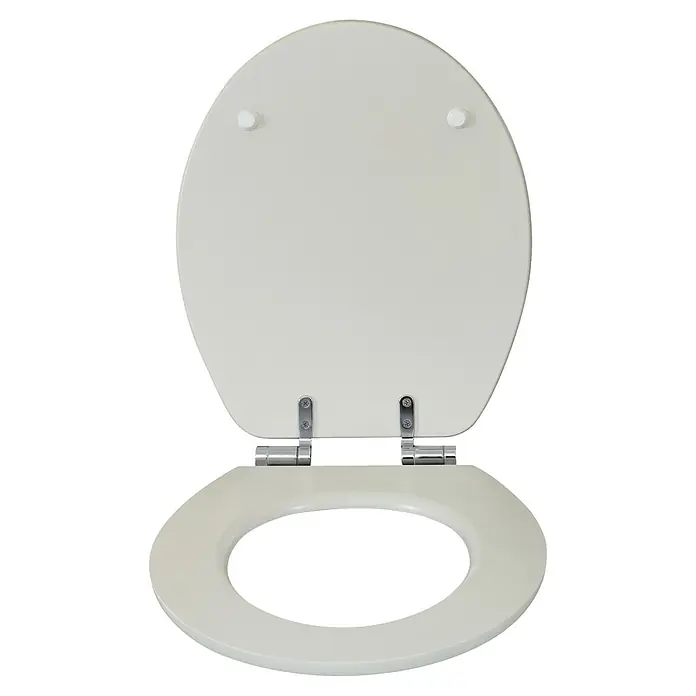 Poseidon WC-Sitz - MDF, Pure Grey, Mit Absenkautomatik - Hellbeiger Toilettensitz mit geöffnetem Deckel, silberne Scharniere sichtbar.