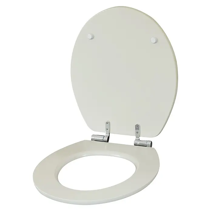 Poseidon WC-Sitz - MDF, Pure Grey, Mit Absenkautomatik - Offener, hellbeiger Toilettensitz und -deckel mit Metallscharnieren.