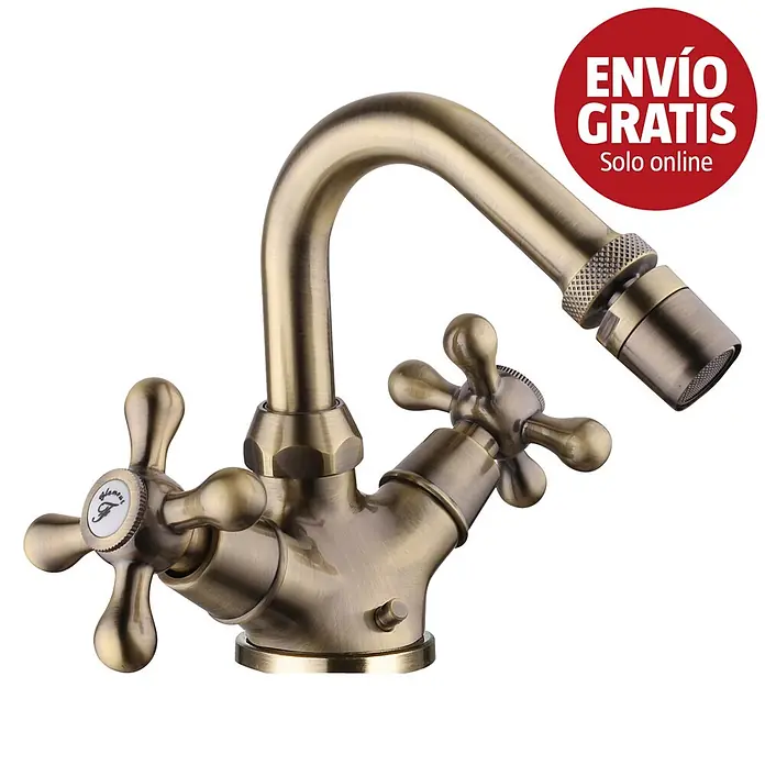 Rousseau Glamour Grifo bimando de bidé - Latón - Grifo de bidé de latón antiguo con manetas de cruz y caño curvo.