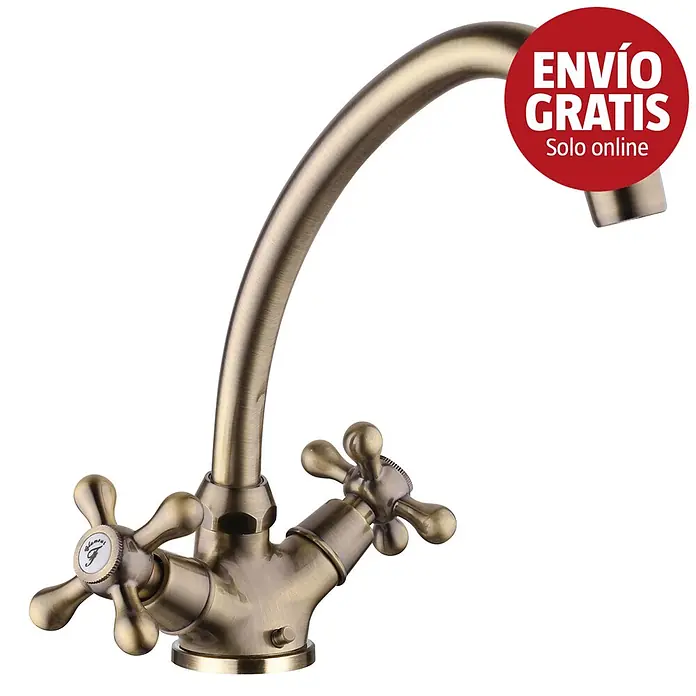 Rousseau Glamour Grifo de lavabo bimando - Bronce - Grifo de latón envejecido con dos mandos en forma de cruz y caño curvo.