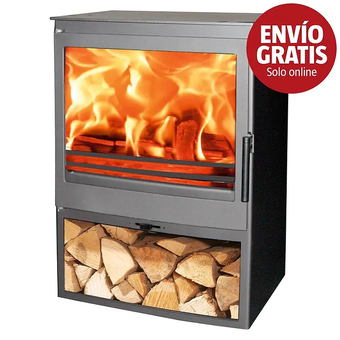 Panadero Estufa de leña Saphir - 7,1 kW, Volumen de calefacción: 220 m³, Antracita - Estufa de leña gris oscuro con puerta de cristal que muestra un fuego y un compartimento inferior para almacenar leña.