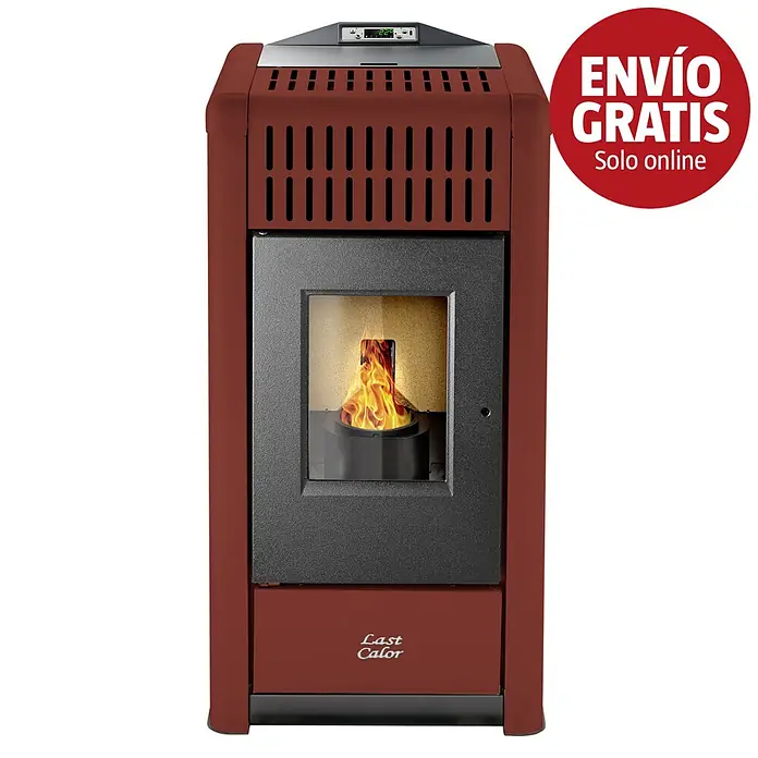 Last Calor Estufa de pellets canalizable Megan - 9,1 kW - 10 kW, Volumen de calefacción: 190 m³, 0,55 kg/h - 2,07 kg/h, Burdeos - Estufa de pellets marrón rojizo con puerta gris oscuro, ventana de cristal con llama y pantalla digital. Marca Last Calor.