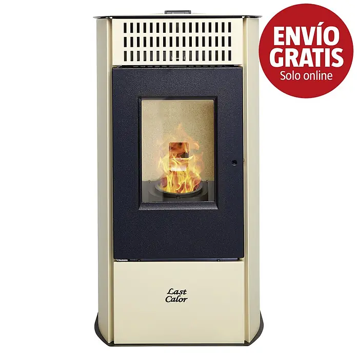 Last Calor Estufa de pellets Mara - 9,3 kW - 10,41 kW, 0,57 kg/h - 2,29 kg/h, Crema - Estufa de pellets color crema con puerta negra, llama visible. Marca 'Last Calor'. Círculo rojo: 'ENVÍO GRATIS Solo online'.