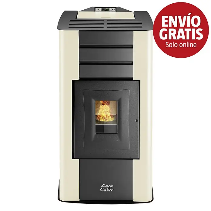 Last Calor Hidroestufa de pellets Asia - 12,7 kW, Volumen de calefacción: 240 m³, 0,78 kg/h - 2,64 kg/h, Crema - Estufa de pellets Last Calor en beige y gris oscuro con llama visible.