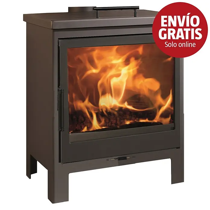 Panadero Estufa de leña Newport - 8 kW, Volumen de calefacción: 180 m³, Negro - Estufa de leña gris oscuro con puerta de cristal, mostrando leña ardiendo y llamas.