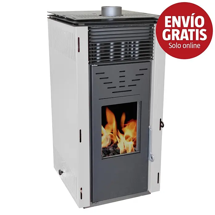 Estufa de pellets Cero REM ventilada - 10 kW, Volumen de calefacción: 200 m³, 1,4 kg/h - 1,9 kg/h, Negro/Blanco - Estufa de pellets moderna blanca y gris oscuro con llama visible a través del cristal y ventilación superior.