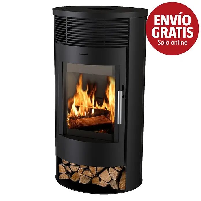 Estufa de leña Elide Ventilada - 6,3 kW, Volumen de calefacción: 180 m³, Negro - Estufa de leña negra con puerta de cristal que muestra troncos encendidos y un compartimento abierto para leña debajo.