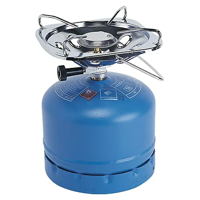 Campingaz Hornillo de gas Super Carena - 3 W - Estufa de camping portátil con cartucho de gas azul y área de cocción plateada con soportes para ollas. Ideal para actividades al aire libre y viajes.