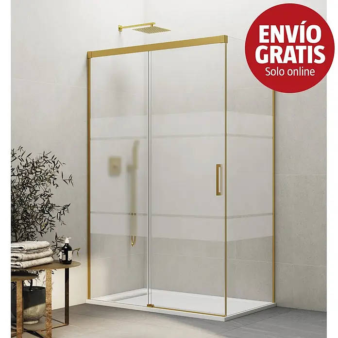 GME Mampara de ducha frontal Basic - L x An x Al: 80 x 77 x 196 cm, Vidrio serigrafiado, Oro - Mampara de ducha con marco dorado y paneles de vidrio parcialmente esmerilados en un baño moderno.