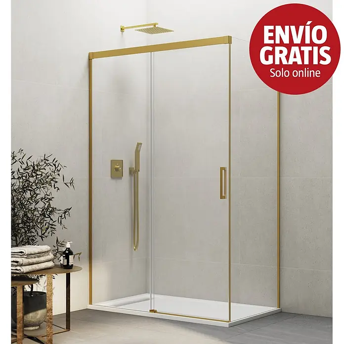 GME Mampara de ducha esquinera Basic - L x An x Al: 80 x 77 x 195 cm, Vidrio transparente, Oro - Mampara de ducha con marco dorado, cristal transparente, plato blanco y grifería dorada a juego en un baño moderno.