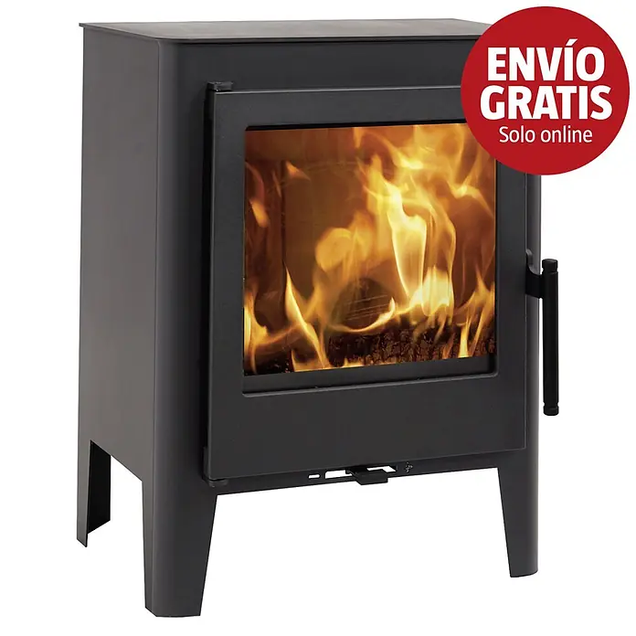 Panadero Estufa de leña Majster - 5,9 kW, Volumen de calefacción: 180 m³ - Estufa de leña metálica negra con puerta de cristal con llamas.