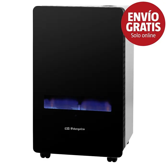 Orbegozo Estufa de gas llama azul HBF100 - 3,8 kW, Negro - Calefactor de gas Orbegozo negro con llamas azules visibles y ruedas.