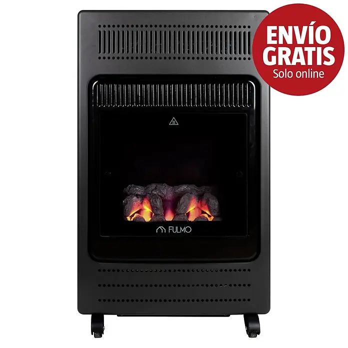 Fulmo Estufa de gas decorativa Nórdica - 1,9 kW - 3,4 kW, Gris oscuro - Calentador de gas portátil negro con efecto de llama de chimenea eléctrica realista y ruedas.